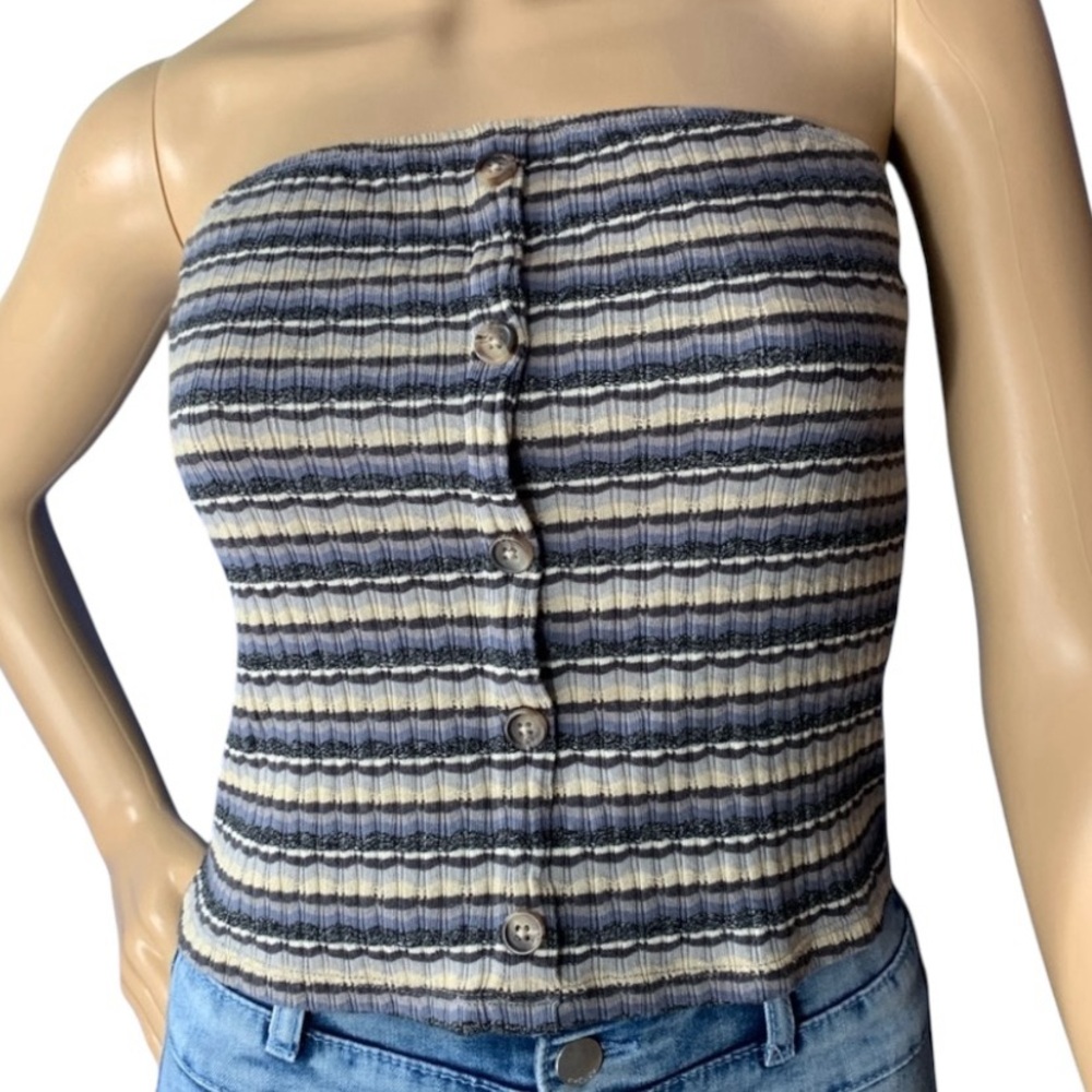 American Eagle (AEO) Striped Rib Knit Cropped Button Front Tube Top Size Medium